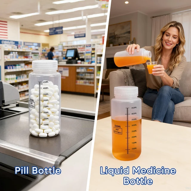 Alt view image 3 of 7 - Plastic Bottles with Airtight Caps 16oz/500ml, Food Grade Wide Mouth Liquid Containers, Reusable HDPE Graduated Plastic Bottles for Water Sample Lab Reagent Liquids Mixing (Translucent, 4 Pcs)