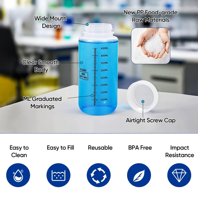 Alt view image 7 of 7 - Plastic Bottles with Airtight Caps 16oz/500ml, Food Grade Wide Mouth Liquid Containers, Reusable HDPE Graduated Plastic Bottles for Water Sample Lab Reagent Liquids Mixing (Translucent, 4 Pcs)