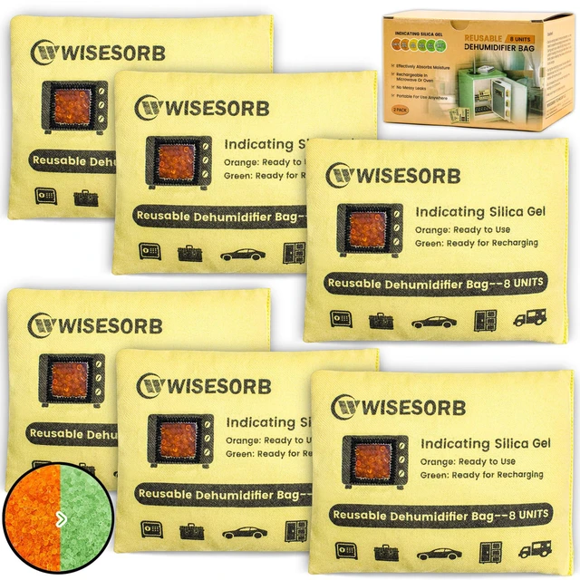 Main image of 6 Pack 240G Reusable Silica Gel Desiccant Dehumidifier Bags, Color Indicating Moisture Absorbers for Car, Closet, Garage, 3D Filaments, Emoisture, Microwave Rechargeable Reusable Drying Bags