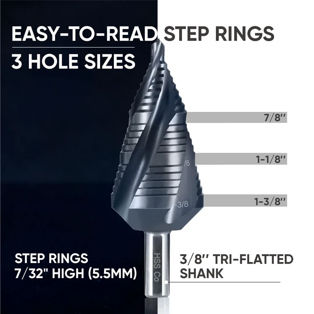 Alt view image 7 of 7 - toolant M35 Cobalt Step Drill Bit, 3/16"-1-3/8", TiAlN, 3/8" Shank M35 Cobalt HSS; TiAlN Coating; Four Spiral Flutes; 1/4" Hex Shank Unibit; Metal/Stainless/Aluminum/Plastic