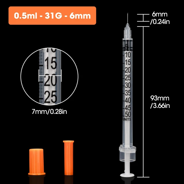 Alt view image 2 of 7 - 100 Pcs U-100 0.5cc Syringe 31g 1/4in (6mm) Disposable Lab Syringes Individually Packaged