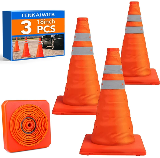 Main image of 18 Inch 3 Pack Traffic Cones, Collapsible Safety Cones, Multi Purpose Pop-up Cones with Reflective Collar, Orange Cones for Parking lot, Driveway, Driving Training etc