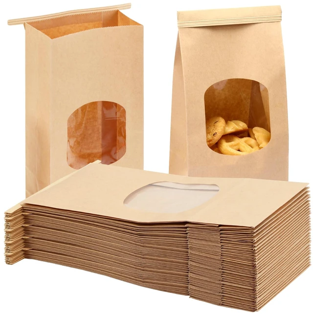 Main image of 100pcs Medium Bakery Cookie Bags with Window, 4.5x2.36x9.6In Brown Kraft Paper Cookie Bags with Seal, Seal by Tin Tie Tab, for Cookie Coffee Bread Pastry Bakery Gift Giving Packing