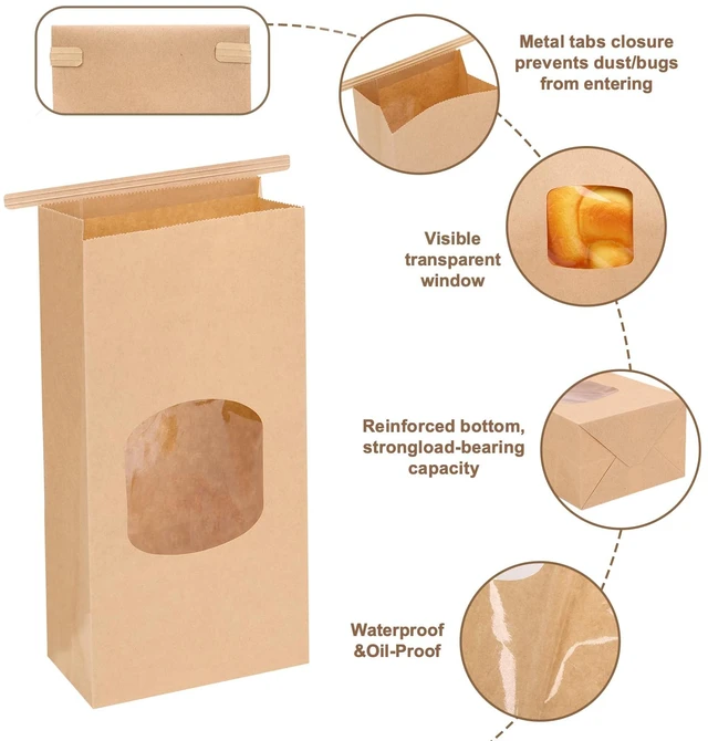 Alt view image 3 of 7 - 100pcs Medium Bakery Cookie Bags with Window, 4.5x2.36x9.6In Brown Kraft Paper Cookie Bags with Seal, Seal by Tin Tie Tab, for Cookie Coffee Bread Pastry Bakery Gift Giving Packing