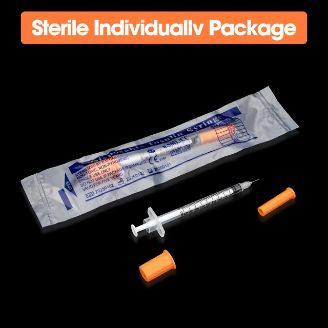 Alt view image 6 of 7 - 100 Pcs U-100 0.5cc Syringe 31g 1/4in (6mm) Disposable Lab Syringes Individually Packaged