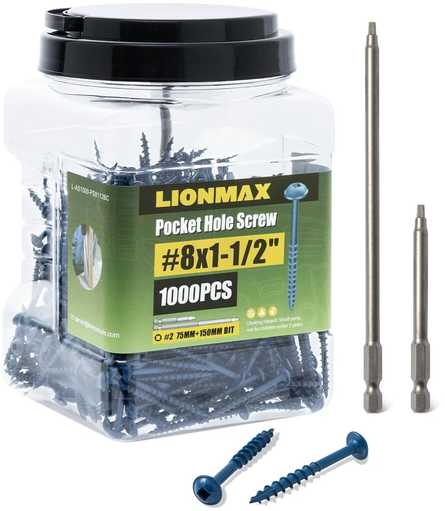 Main image of Pocket Hole Screws #8 x 1-1/2 Inch, 1000PCS Exterior Pocket Screws Rust Resistant Blue Coated, Coarse Thread, Square Drive, Washer Head, for Outdoor Use, Self Tapping, 150MM Drive Bit Included