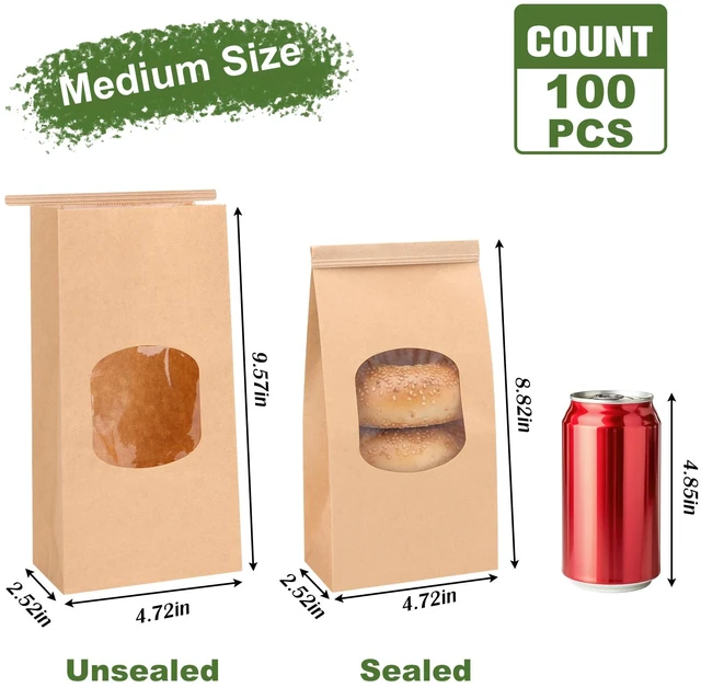 Alt view image 6 of 7 - 100pcs Medium Bakery Cookie Bags with Window, 4.5x2.36x9.6In Brown Kraft Paper Cookie Bags with Seal, Seal by Tin Tie Tab, for Cookie Coffee Bread Pastry Bakery Gift Giving Packing