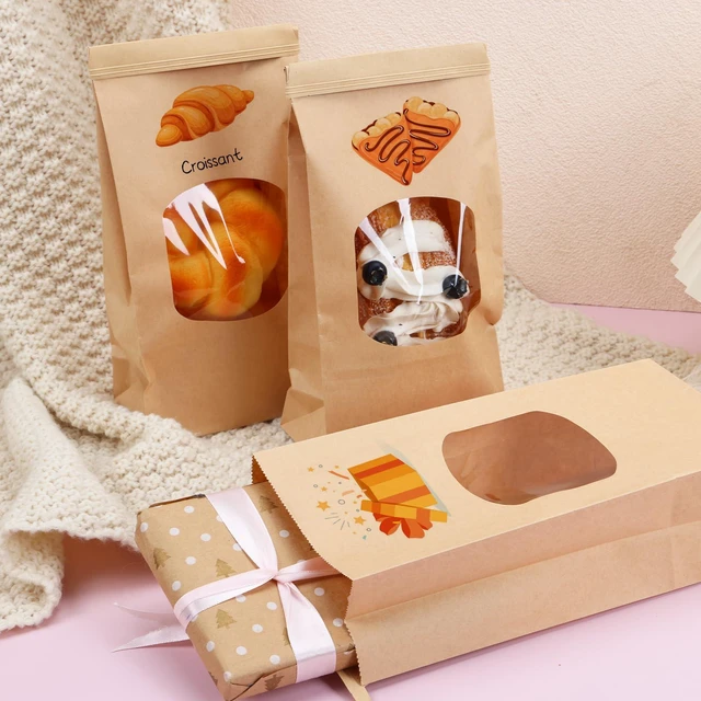 Alt view image 5 of 7 - 100pcs Medium Bakery Cookie Bags with Window, 4.5x2.36x9.6In Brown Kraft Paper Cookie Bags with Seal, Seal by Tin Tie Tab, for Cookie Coffee Bread Pastry Bakery Gift Giving Packing
