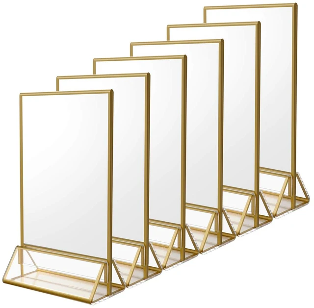 Main image of 5x7 Acrylic Sign Holder, Picture Frame, Wedding Table Numbers, 6pack Vertical Stand, Gold Frames, Clear Double Sided, Gold Sign Holders Display for Menu Restaurant Signs, Photos, Party, Events