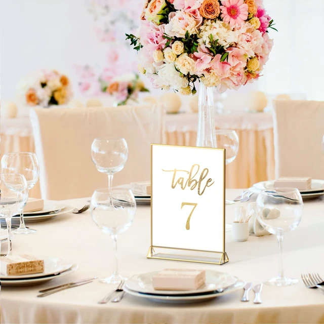 Alt view image 2 of 7 - 5x7 Acrylic Sign Holder, Picture Frame, Wedding Table Numbers, 6pack Vertical Stand, Gold Frames, Clear Double Sided, Gold Sign Holders Display for Menu Restaurant Signs, Photos, Party, Events