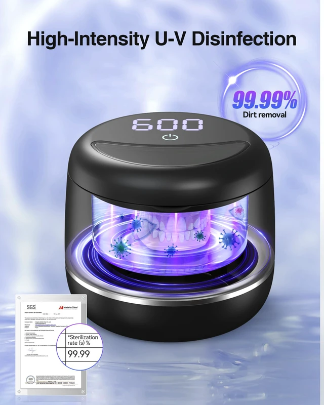 Alt view image 3 of 7 - Ultrasonic Retainer Cleaner Machine for Night Guard, 48kHz, 7.8oz 5 UV Lights, Timer, 304SS Tank, 2 Modes, Denture Cleaner Machine for Jewelry, Braces, Mouthguard, Toothbrush - Black