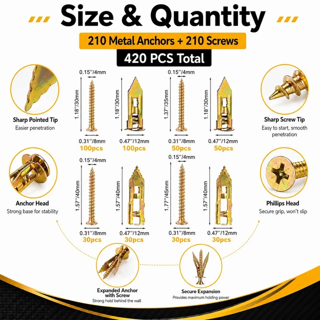 Alt view image 2 of 7 - 420Pcs Self Drilling Drywall Anchors with Screws Kit,Zinc Plated Steel,4 Sizes Expansion Screws and 2 Sizes Wall Anchors,No Drill Dry Wall Anchors and Screws Kit