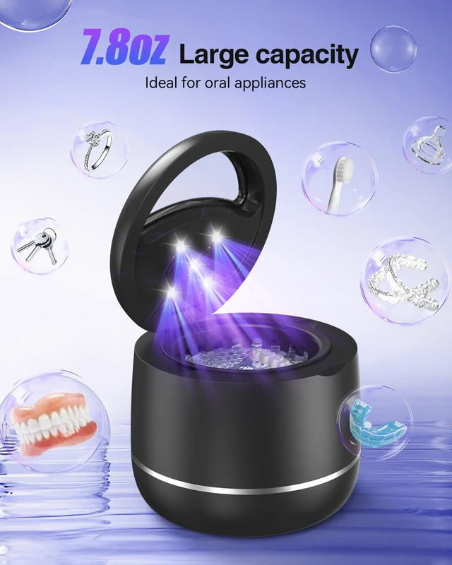 Alt view image 7 of 7 - Ultrasonic Retainer Cleaner Machine for Night Guard, 48kHz, 7.8oz 5 UV Lights, Timer, 304SS Tank, 2 Modes, Denture Cleaner Machine for Jewelry, Braces, Mouthguard, Toothbrush - Black