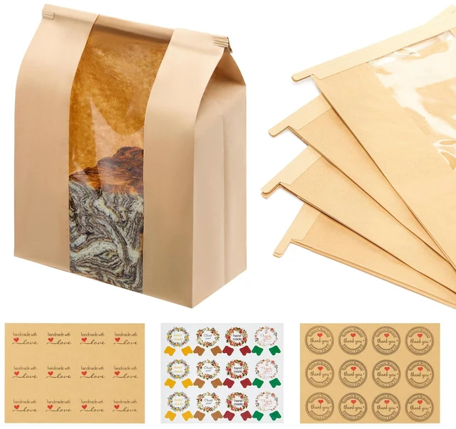Main image of 180 Pack Large Paper Sourdough Bread Bags with Tin Tie Tabs & 600 Stickers For Homemade Bread Loaf, 14" x 8.3" x 3.5", Sourdough Bread Bags, Clear Front Window, For Baked Food Packaging Storage