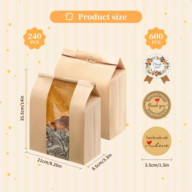Alt view image 2 of 7 - 240 Pack Large Paper Sourdough Bread Bags with Tin Tie Tabs & 600 Stickers 14" x 8.3" x 3.5", For Homemade Bread Loaf, Sourdough Bread Bags, Clear Front Window, For Baked Food Packaging Storage