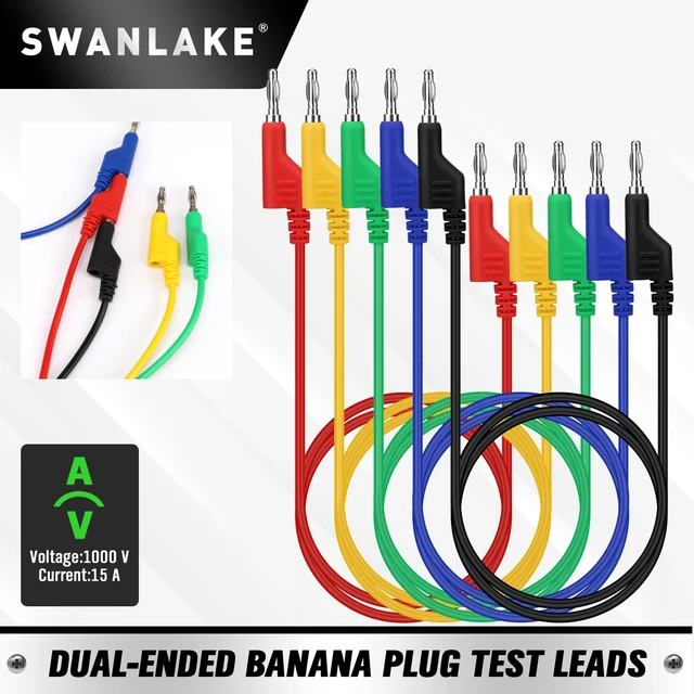 Alt view image 2 of 7 - 5-Piece Dual-Ended Banana Plug Test Leads, 1000V 15A 3.5ft/1M Multimeter Electrical 4mm Banana-Plug, Flexible Copper Banana Cable, Electrical Test Wires