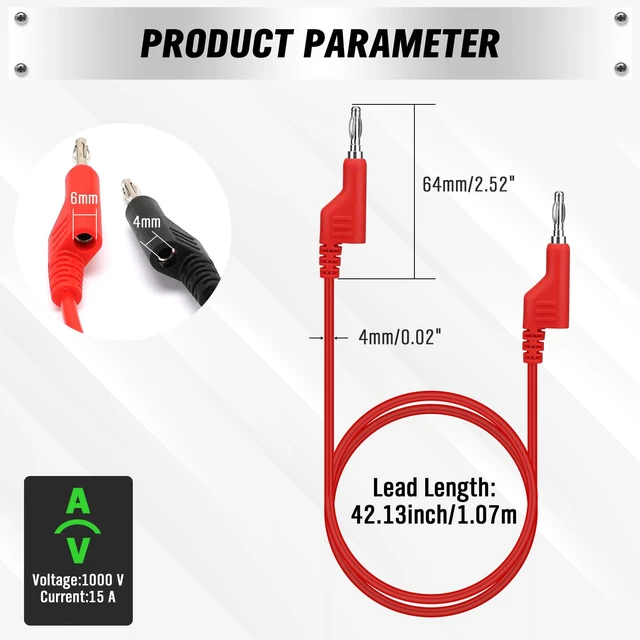 Alt view image 3 of 7 - 5-Piece Dual-Ended Banana Plug Test Leads, 1000V 15A 3.5ft/1M Multimeter Electrical 4mm Banana-Plug, Flexible Copper Banana Cable, Electrical Test Wires