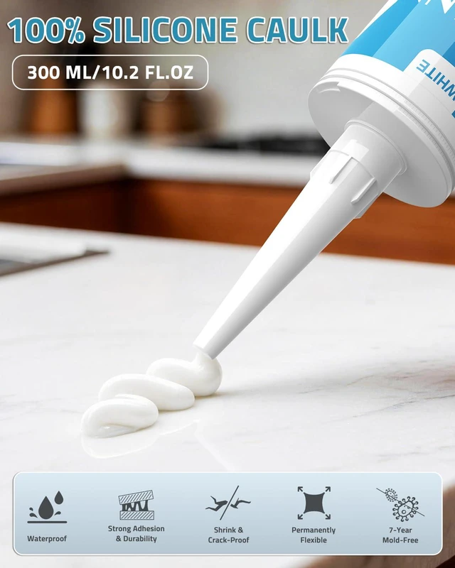 Alt view image 6 of 7 - Silicone Caulk White, 100% Silicone Sealant Waterproof for RV, Kitchen, Bath, General Use, Window, Door, Glass, Marine, 10.2 Oz, 4 Packs