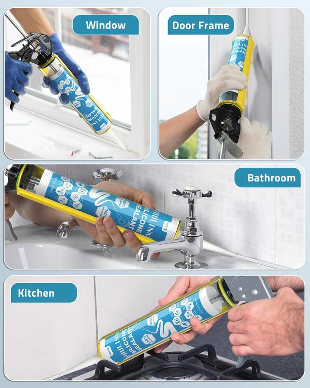 Alt view image 7 of 7 - Silicone Caulk White, 100% Silicone Sealant Waterproof for RV, Kitchen, Bath, General Use, Window, Door, Glass, Marine, 10.2 Oz, 4 Packs