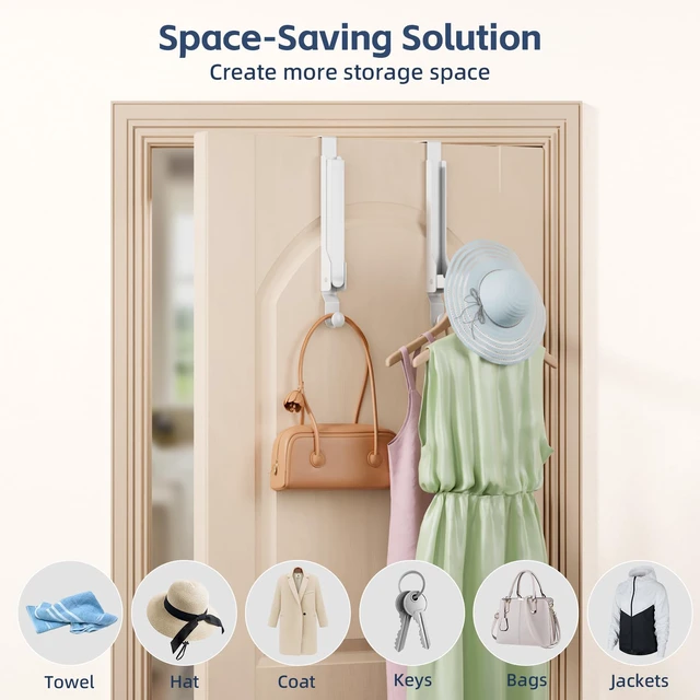 Alt view image 3 of 7 - 4 Pack Over The Door Hanger Foldable Over The Door HooksRust-Resistant Overdoor Hanger Hook for Laundry (Clothes Drying Rack)&Bathroom (Towel Rack) Small Portable,White