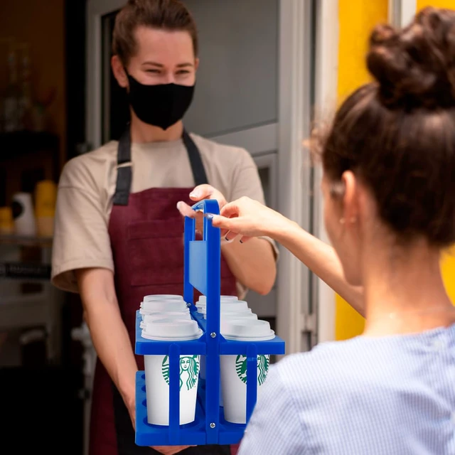 Alt view image 6 of 7 - 8 Cup Drink Carrier with Handle, Plastic Cup Carriers for Drinks, Drink Holder for Car, Take Out Delivery Drivers Accessories, Portable Foldable Reusable Mobile, Use for Food Delivery Bag, Blue