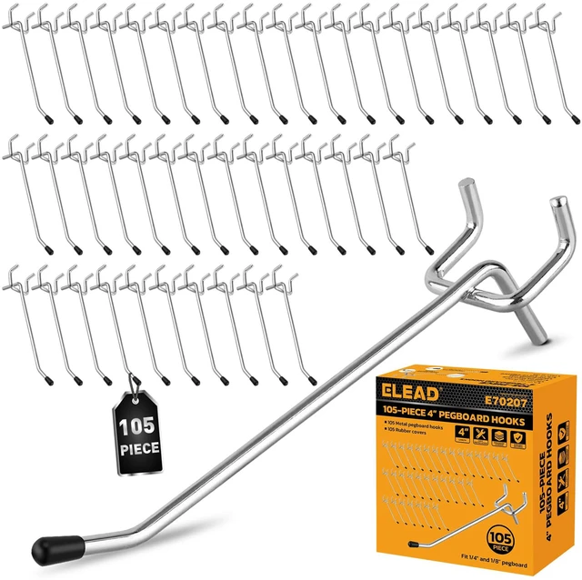 Main image of 105-Piece 4 Inch Pegboard Hooks, Heavy Duty Peg Board Organizer Accessories, Peg Board Tool Hangers Fit for 1/4" and 1/8" Pegboard Hanging Tools Garage, Workshop, and Craft Storage
