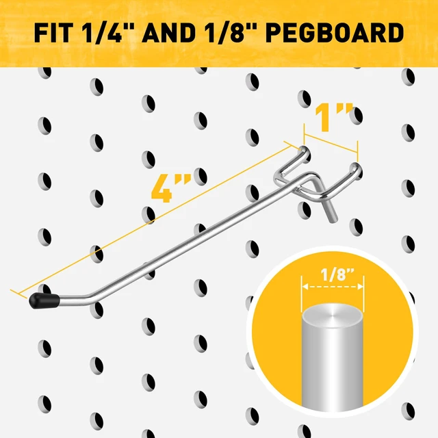 Alt view image 3 of 7 - 105-Piece 4 Inch Pegboard Hooks, Heavy Duty Peg Board Organizer Accessories, Peg Board Tool Hangers Fit for 1/4" and 1/8" Pegboard Hanging Tools Garage, Workshop, and Craft Storage