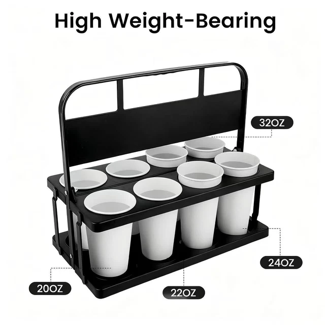 Alt view image 3 of 7 - 8 Cup Drink Carrier with Handle, Drink Cup Holder for Food Delivery Plastic Cup Carriers for Drinks for Car, Take Out Food Delivery Drivers Accessories, Portable Foldable Reusable, Drink Caddy