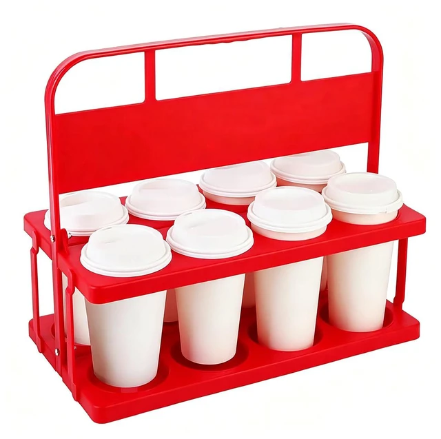Main image of 8 Cup Drink Carrier with Handle, Plastic Cup Carriers for Drinks, Drink Holder for Car, Take Out Delivery Drivers Accessories, Portable Foldable Reusable Mobile, Use for Food Delivery Bag, Red