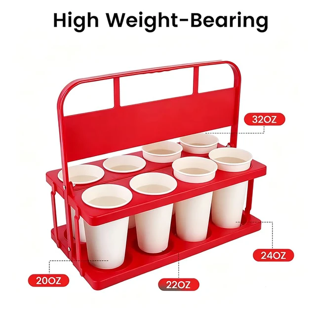 Alt view image 3 of 7 - 8 Cup Drink Carrier with Handle, Plastic Cup Carriers for Drinks, Drink Holder for Car, Take Out Delivery Drivers Accessories, Portable Foldable Reusable Mobile, Use for Food Delivery Bag, Red