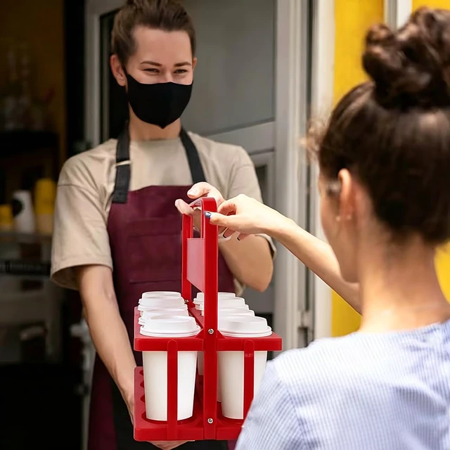 Alt view image 4 of 7 - 8 Cup Drink Carrier with Handle, Plastic Cup Carriers for Drinks, Drink Holder for Car, Take Out Delivery Drivers Accessories, Portable Foldable Reusable Mobile, Use for Food Delivery Bag, Red