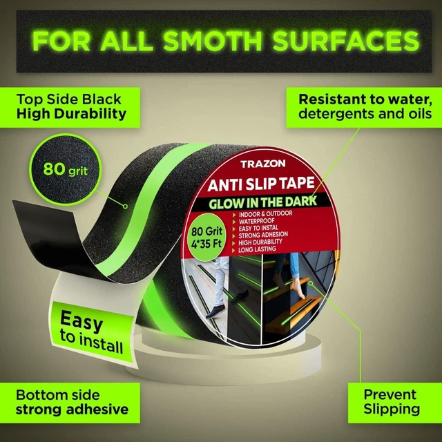 Alt view image 2 of 7 - Grip Tape - Heavy Duty Anti Slip Tape for Stairs Outdoor/Indoor Waterproof Safety Non Skid Roll for Stair Steps Traction Tread Staircase Grips (2 Inch x 35 Feet, Black with Glow in The Dark Strips)