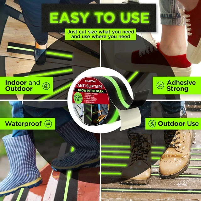 Alt view image 3 of 7 - Grip Tape - Heavy Duty Anti Slip Tape for Stairs Outdoor/Indoor Waterproof Safety Non Skid Roll for Stair Steps Traction Tread Staircase Grips (2 Inch x 35 Feet, Black with Glow in The Dark Strips)