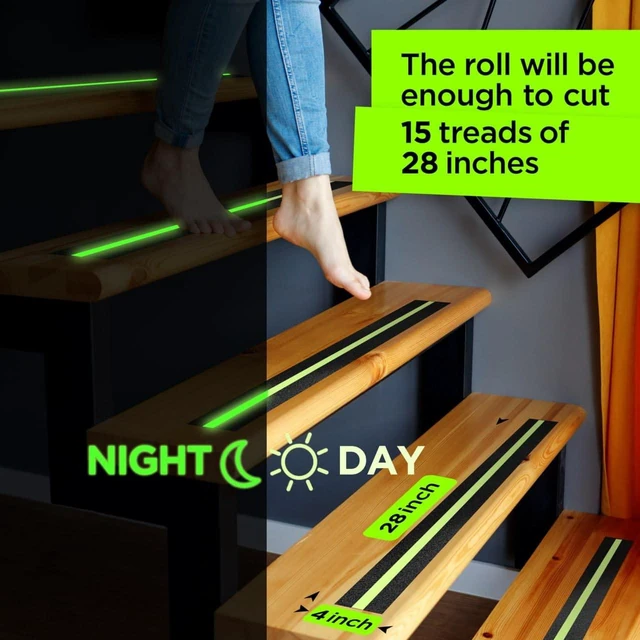 Alt view image 4 of 7 - Grip Tape - Heavy Duty Anti Slip Tape for Stairs Outdoor/Indoor Waterproof Safety Non Skid Roll for Stair Steps Traction Tread Staircase Grips (2 Inch x 35 Feet, Black with Glow in The Dark Strips)