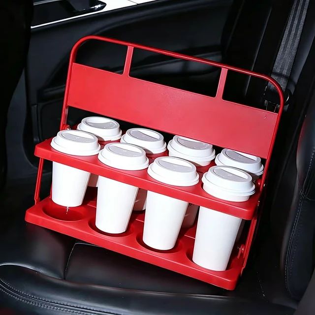 Alt view image 6 of 7 - 8 Cup Drink Carrier with Handle, Plastic Cup Carriers for Drinks, Drink Holder for Car, Take Out Delivery Drivers Accessories, Portable Foldable Reusable Mobile, Use for Food Delivery Bag, Red