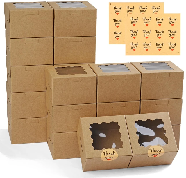 Main image of Cookie Boxes with Window, Small Bakery Boxes for Dessert Pastry 52 Pcs with Stickers, 4×4×2.5 in, Brown, Window Top, Packaging for Cinnamon Roll, Mini Cake, Baked Goods, Goodie Candy