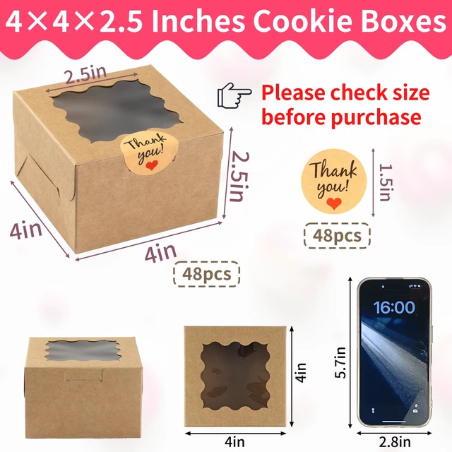 Alt view image 2 of 7 - Cookie Boxes with Window, Small Bakery Boxes for Dessert Pastry 52 Pcs with Stickers, 4×4×2.5 in, Brown, Window Top, Packaging for Cinnamon Roll, Mini Cake, Baked Goods, Goodie Candy
