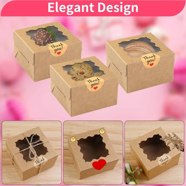 Alt view image 3 of 7 - Cookie Boxes with Window, Small Bakery Boxes for Dessert Pastry 52 Pcs with Stickers, 4×4×2.5 in, Brown, Window Top, Packaging for Cinnamon Roll, Mini Cake, Baked Goods, Goodie Candy