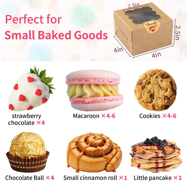 Alt view image 5 of 7 - Cookie Boxes with Window, Small Bakery Boxes for Dessert Pastry 52 Pcs with Stickers, 4×4×2.5 in, Brown, Window Top, Packaging for Cinnamon Roll, Mini Cake, Baked Goods, Goodie Candy