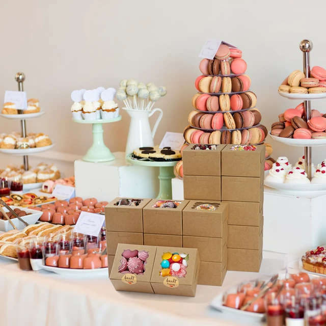 Alt view image 7 of 7 - Cookie Boxes with Window, Small Bakery Boxes for Dessert Pastry 52 Pcs with Stickers, 4×4×2.5 in, Brown, Window Top, Packaging for Cinnamon Roll, Mini Cake, Baked Goods, Goodie Candy