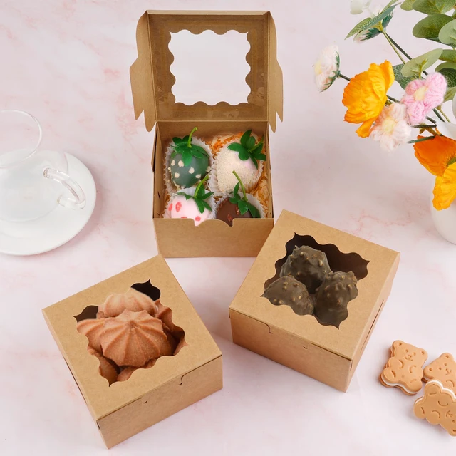 Alt view image 6 of 7 - Cookie Boxes with Window, Small Bakery Boxes for Dessert Pastry 52 Pcs with Stickers, 4×4×2.5 in, Brown, Window Top, Packaging for Cinnamon Roll, Mini Cake, Baked Goods, Goodie Candy
