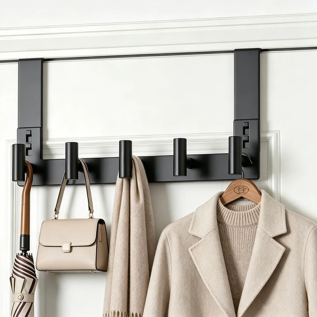 Main image of Stainless Steel Over The Door Hooks Heavy Duty, Bathroom Towel Holder Door Mount Coat Rack Towel Rack for Bedroom, Doors Hangers Towel Hooks for Bathroom Dorm Essentials (1 Pack,Black-5 Hooks)