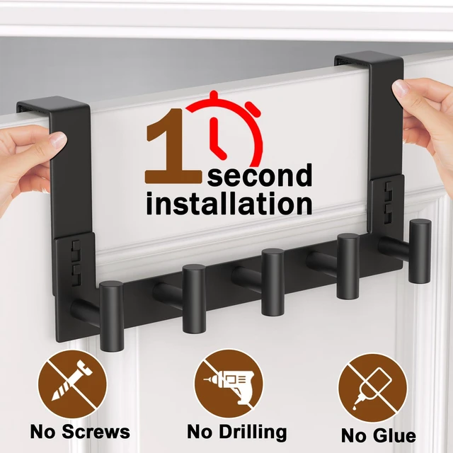 Alt view image 3 of 7 - Stainless Steel Over The Door Hooks Heavy Duty, Bathroom Towel Holder Door Mount Coat Rack Towel Rack for Bedroom, Doors Hangers Towel Hooks for Bathroom Dorm Essentials (1 Pack,Black-5 Hooks)
