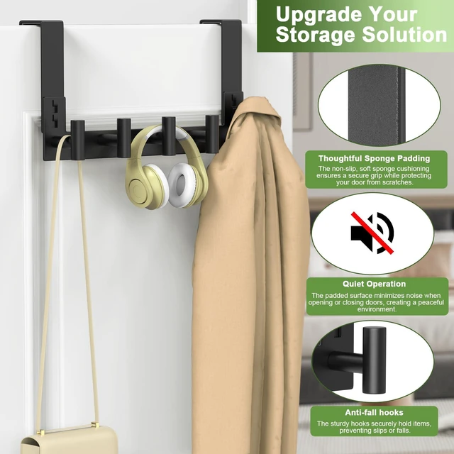 Alt view image 6 of 7 - Stainless Steel Over The Door Hooks Heavy Duty, Bathroom Towel Holder Door Mount Coat Rack Towel Rack for Bedroom, Doors Hangers Towel Hooks for Bathroom Dorm Essentials (1 Pack,Black-5 Hooks)