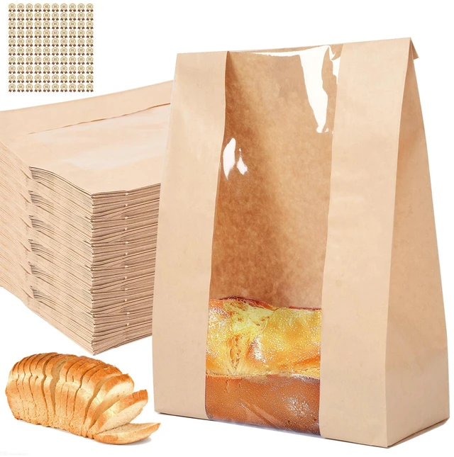 Main image of 100 pack bread paper bags with window, including 100 homemade bread storage label seal stickers (13.7x8.3x3.5 inches)