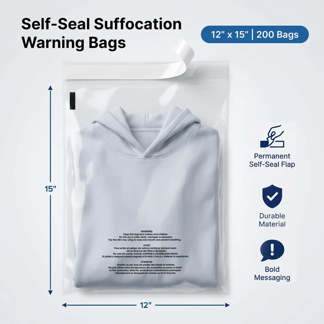 Alt view image 2 of 7 - 12 X 15 (200 Count) Self Seal Clear Poly Bags with Suffocation Warning for Packaging, T-Shirts & Clothing - Permanent Adhesive