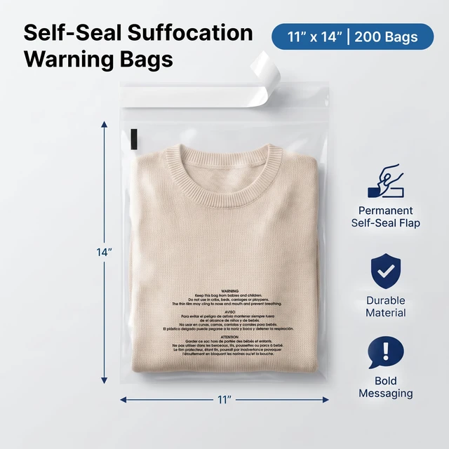 Alt view image 2 of 7 - 11 X 14 (200 Count) Self Seal Clear Poly Bags with Suffocation Warning for Packaging, T Shirts - Permanent Adhesive