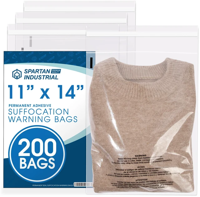 Main image of 11 X 14 (200 Count) Self Seal Clear Poly Bags with Suffocation Warning for Packaging, T Shirts - Permanent Adhesive