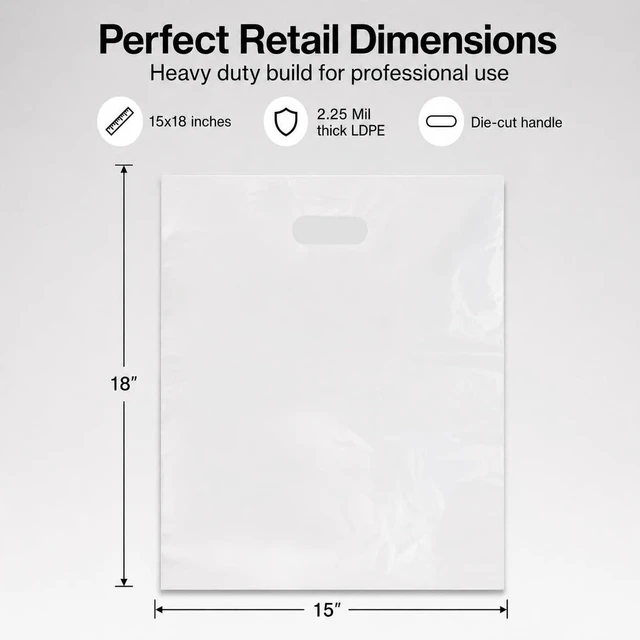 Alt view image 2 of 7 - 15"x18" Clear Plastic Bags With Handles - 2.25 Mil Extra Thick - 100 Pack Transparent Bag with Grip for Gifts, Shopping, & Merchandise - Durable LDPE Die Cut for Packaging - Bulk Clear Plastic Bag