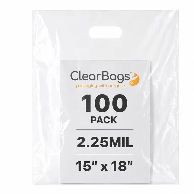 Main image of 15"x18" Clear Plastic Bags With Handles - 2.25 Mil Extra Thick - 100 Pack Transparent Bag with Grip for Gifts, Shopping, & Merchandise - Durable LDPE Die Cut for Packaging - Bulk Clear Plastic Bag